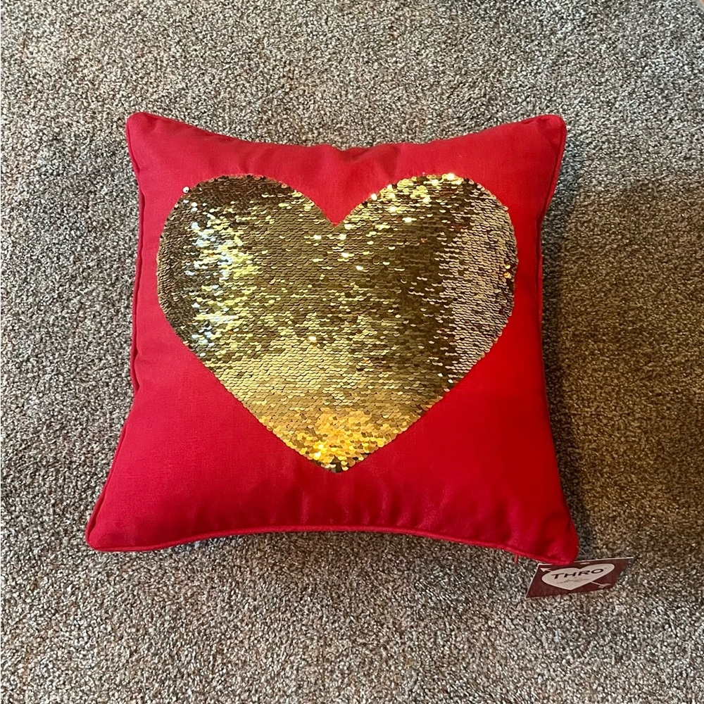 Dark Red Pillow with Gold Sequin Heart. Brand New Thro by Marlo Lorenz 15”x15”